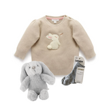 New baby gift box with organic cotton Purebaby jumper, cuddly toy rabbit and Lamington merino socks