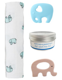 Gift box with aden + anais muslin wrap, two elephant teethers and our Baby's Gentle Botty Balm