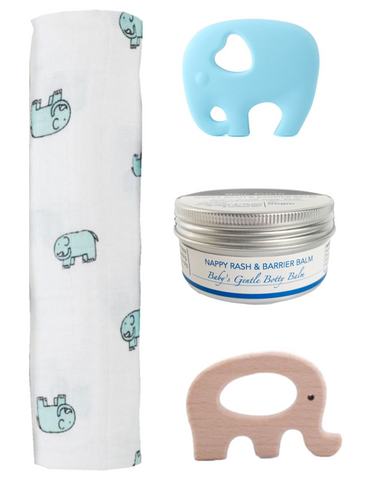 Gift box with aden + anais muslin wrap, two elephant teethers and our Baby's Gentle Botty Balm