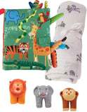 New baby gift set with soft book, animal finger puppets and monkey Aden + Anais muslin wrap