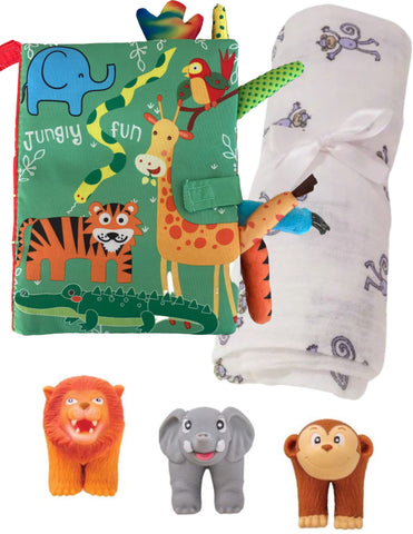 New baby gift set with soft book, animal finger puppets and monkey Aden + Anais muslin wrap
