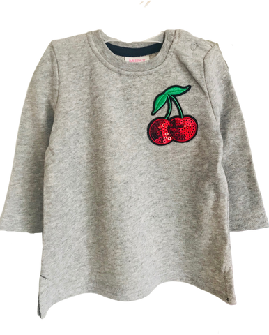 Milky brand grey long-sleeve tee with sequin red cherry design