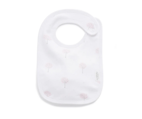 Organic cotton baby bib with pink tree design