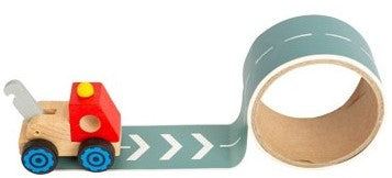 Wooden truck with adhesive road tape