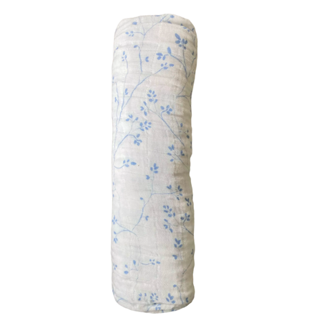 Aden + Anais cotton muslin wrap with blue and white flower design