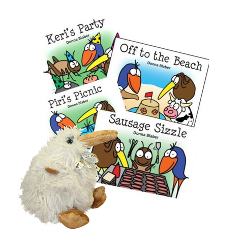 A set of four kiwi critters books and a cuddly toy kiwi
