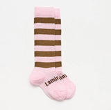 Merino knee high baby socks in pink and brown