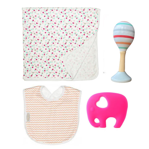 A gift box for baby with bib, blanket, maraca and teether