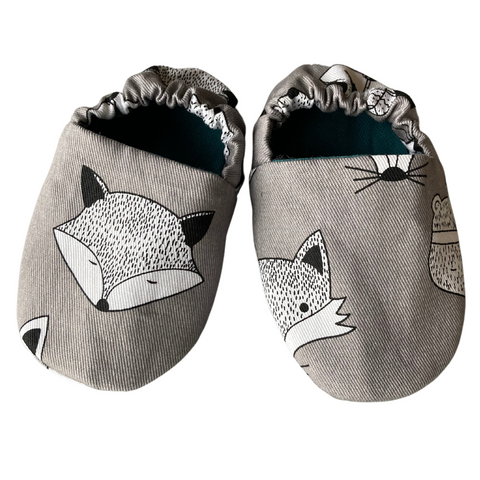 New Zealand made cotton soft soled baby shoes with foxes