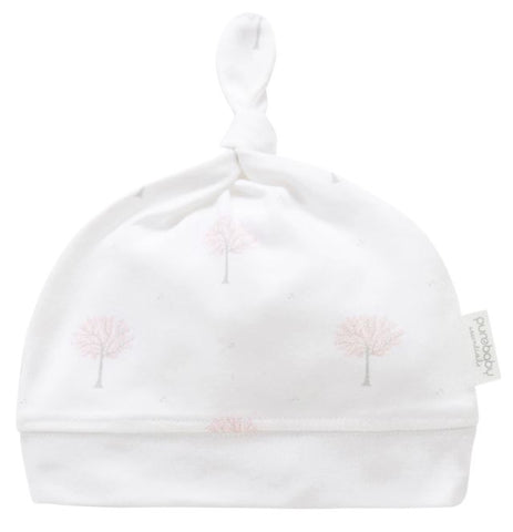Soft organic cotton baby hat in a pink tree design
