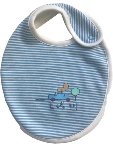 Pure cotton bib with blue and white stripes and a car and bird design