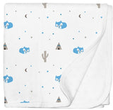 Jersey Cotton Stroller blanket - white with blue foxes and grey tents
