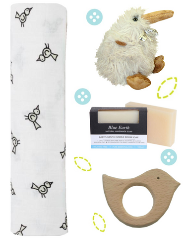 Gift set including an aden + anais muslin wrap, snuggly toy kiwi, wooden teether and Blue Earth babble soap