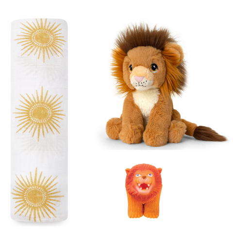 Gift box with bamboo wrap, Keeleco Lion cuddly toy and rubber finger puppet