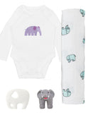 New baby gift box with cotton grow suit, silicone teether, muslin wrap and elephant finger puppet
