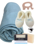 Baby gift box with a New Zealand made merino blanket, felted merino booties, a natural soap and a wooden teether