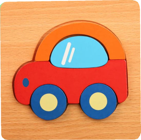 Brightly coloured wooden puzzle with red car design